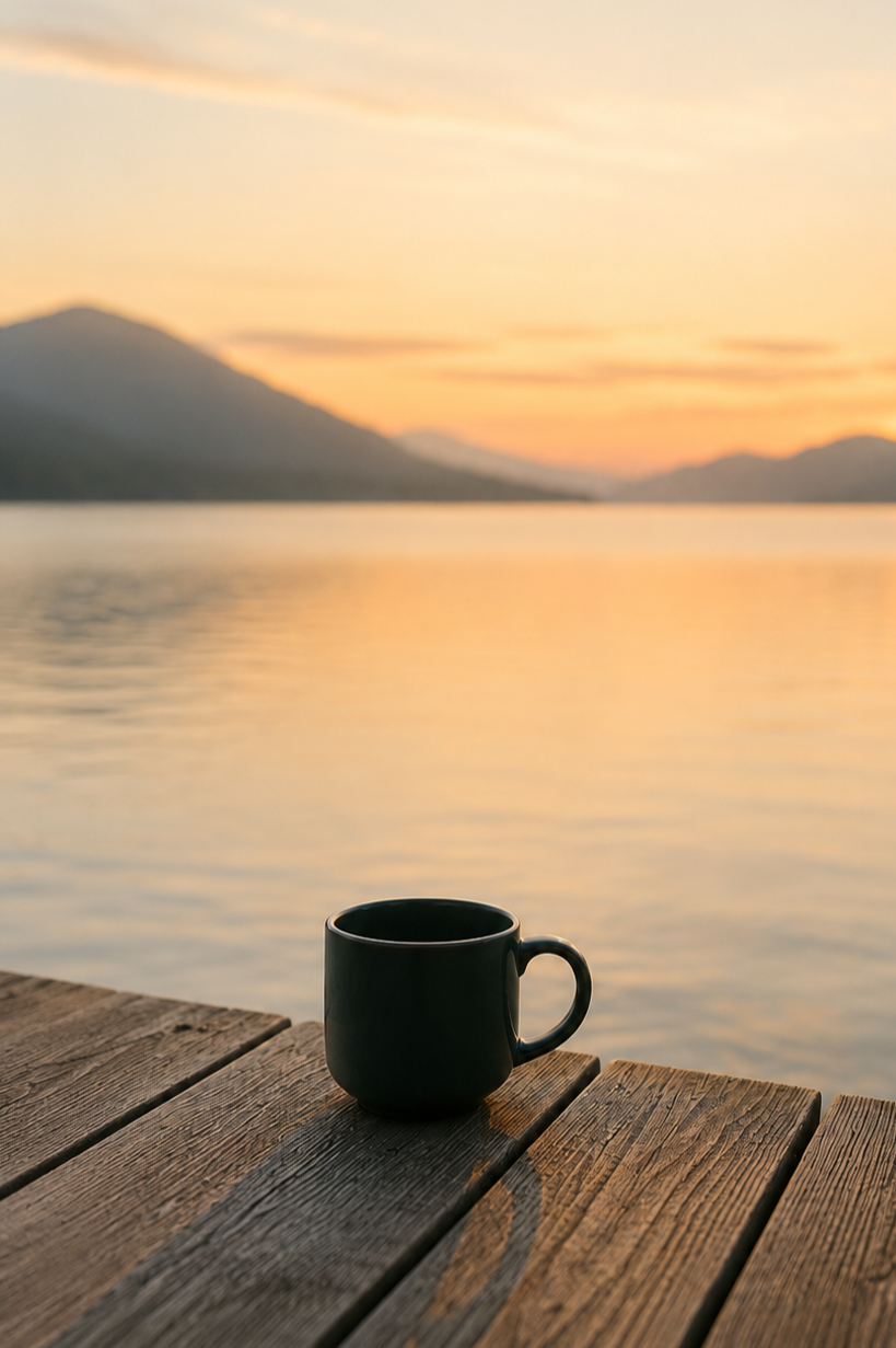 Black mug on a wooden dock at sunset with a body of water and mountains in the background.