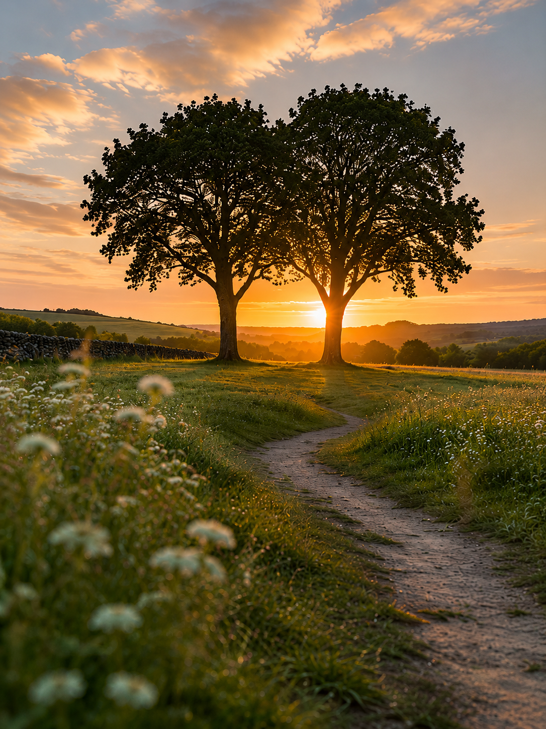 Sunset over two large trees along a winding dirt path in a grassy field with hills in the background.