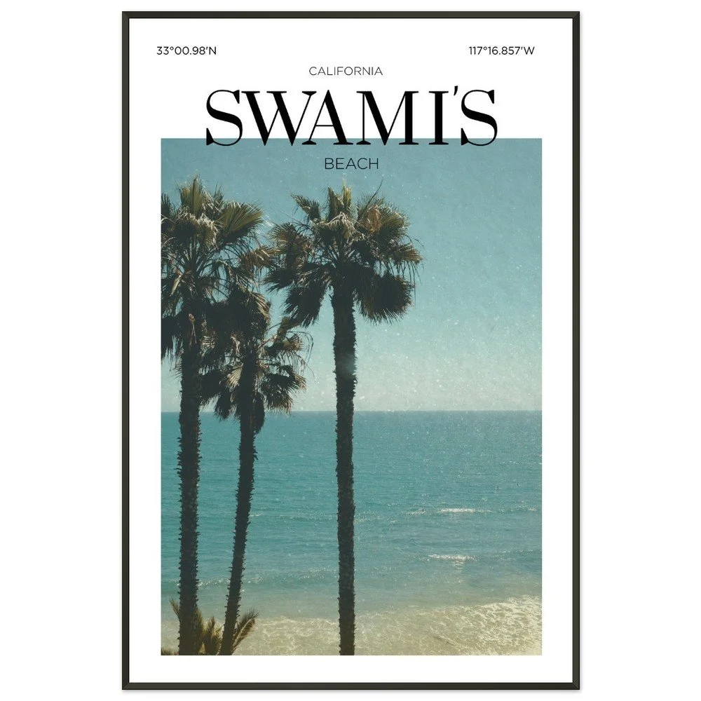Primary Alt Text  Vintage-style travel poster of Swami's Beach, California featuring tall palm trees overlooking the Pacific Ocean and a sunlit coastal shoreline.