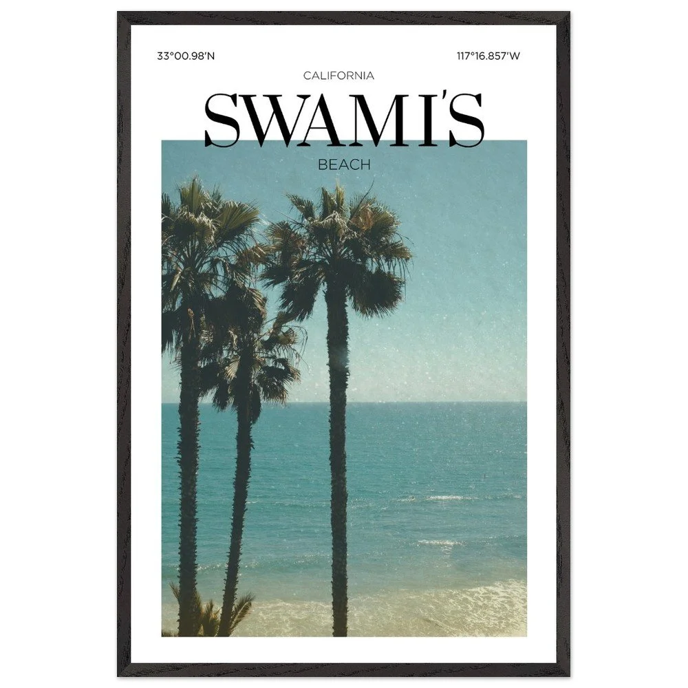 Primary Alt Text  Vintage-style travel poster of Swami's Beach, California featuring tall palm trees overlooking the Pacific Ocean and a sunlit coastal shoreline.