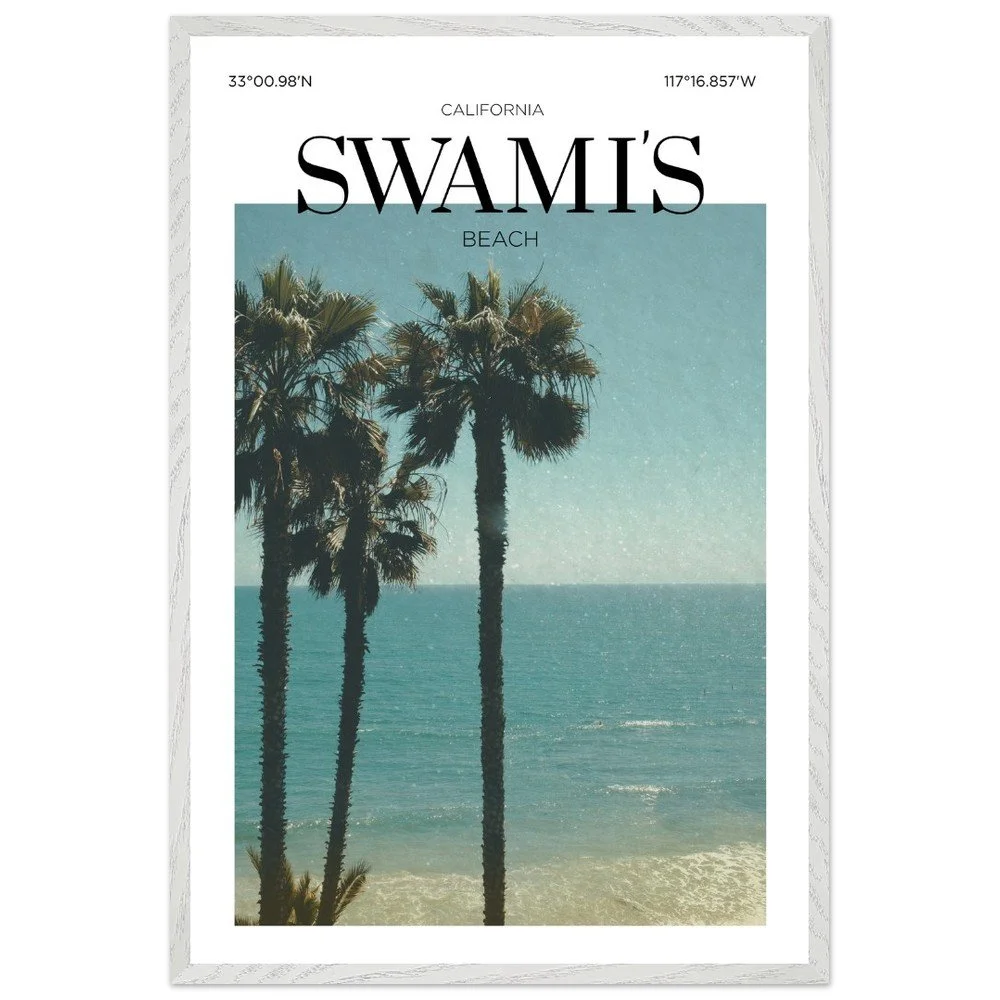 Primary Alt Text  Vintage-style travel poster of Swami's Beach, California featuring tall palm trees overlooking the Pacific Ocean and a sunlit coastal shoreline.