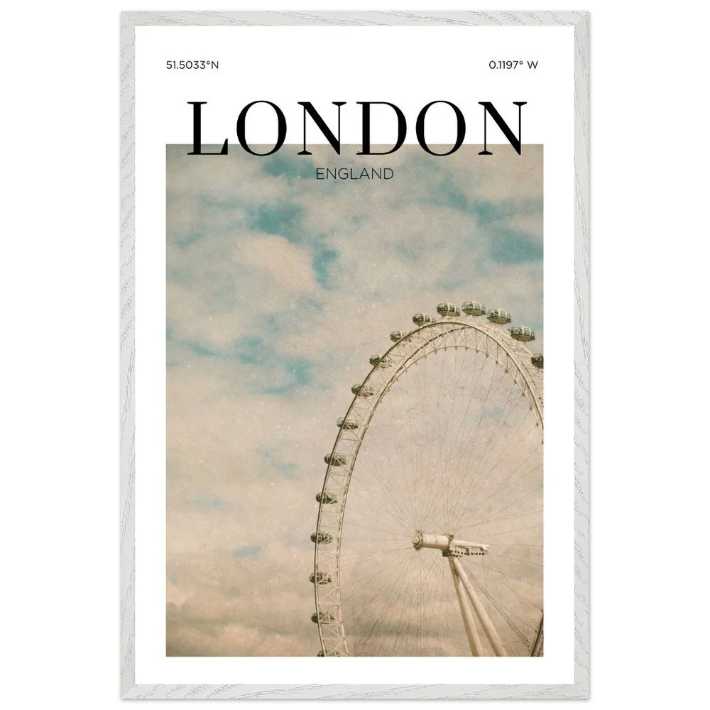 Vintage-style travel poster of London, England featuring the London Eye Ferris wheel against a cloudy sky with soft neutral tones.