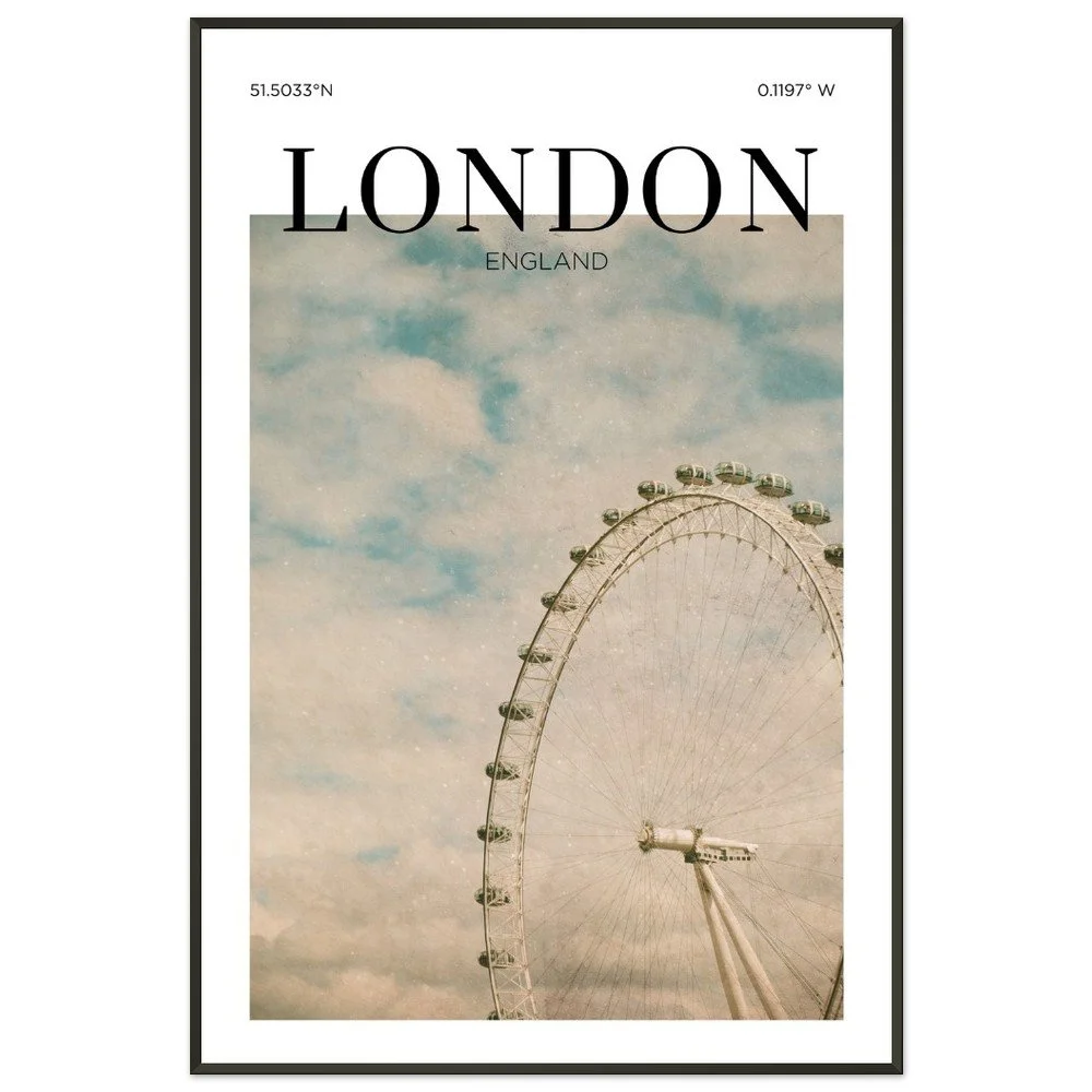 Vintage-style travel poster of London, England featuring the London Eye Ferris wheel against a cloudy sky with soft neutral tones.