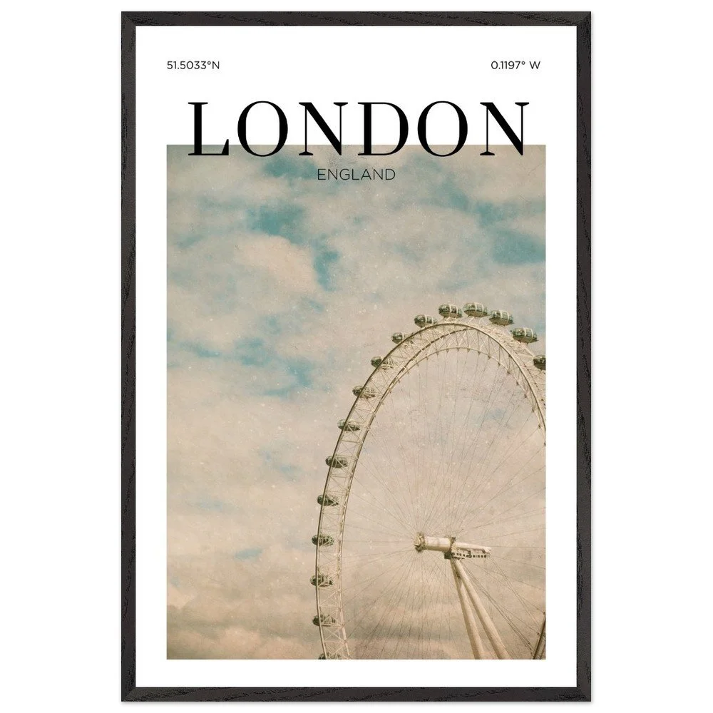 Vintage-style travel poster of London, England featuring the London Eye Ferris wheel against a cloudy sky with soft neutral tones.