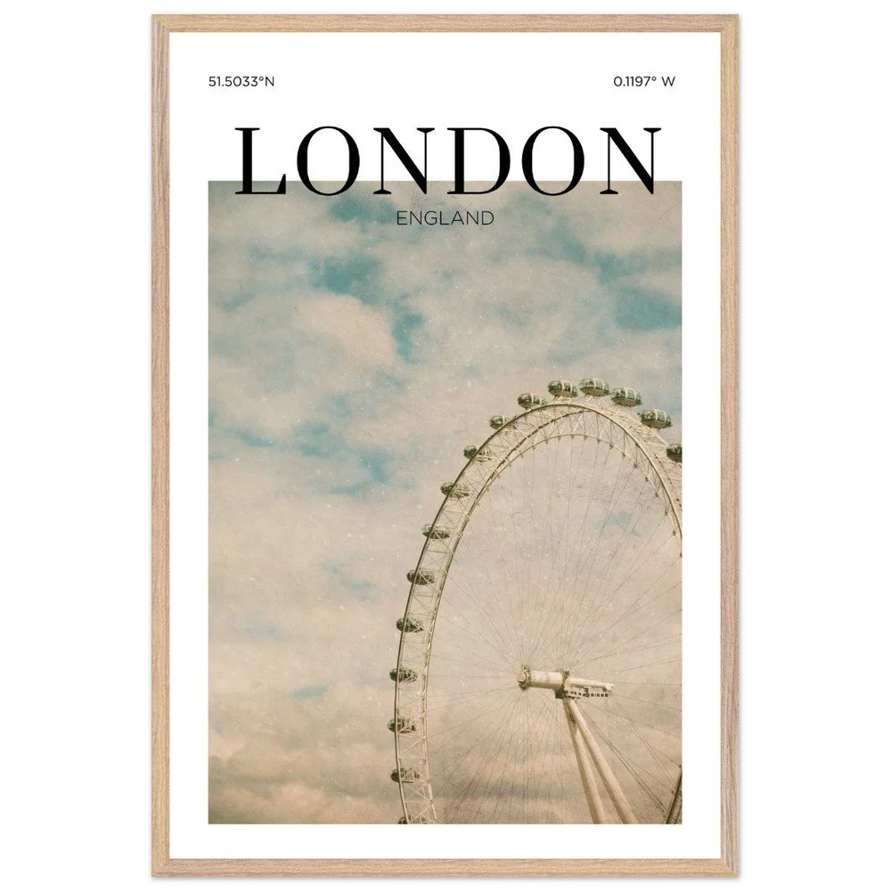 Vintage-style travel poster of London, England featuring the London Eye Ferris wheel against a cloudy sky with soft neutral tones.