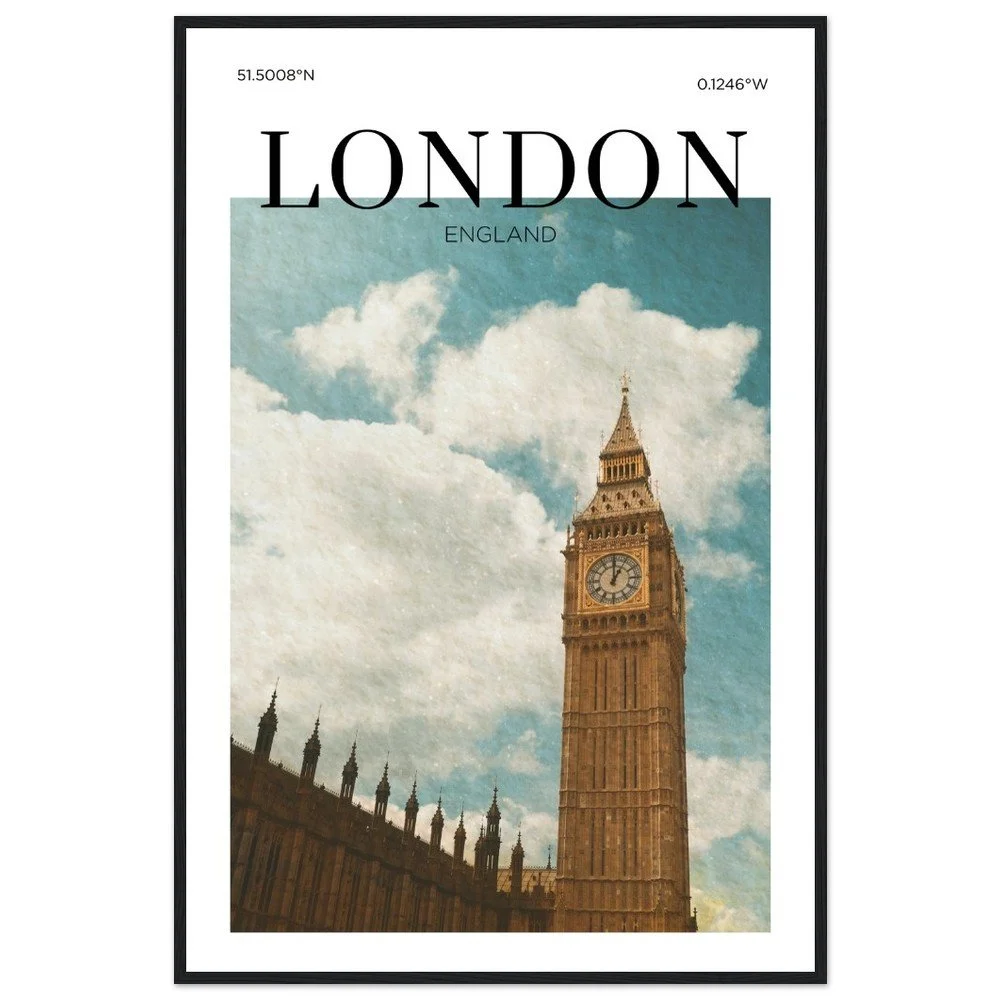 Vintage-style travel poster of Big Ben in London, England featuring the historic clock tower and Palace of Westminster beneath a cloud-filled sky.