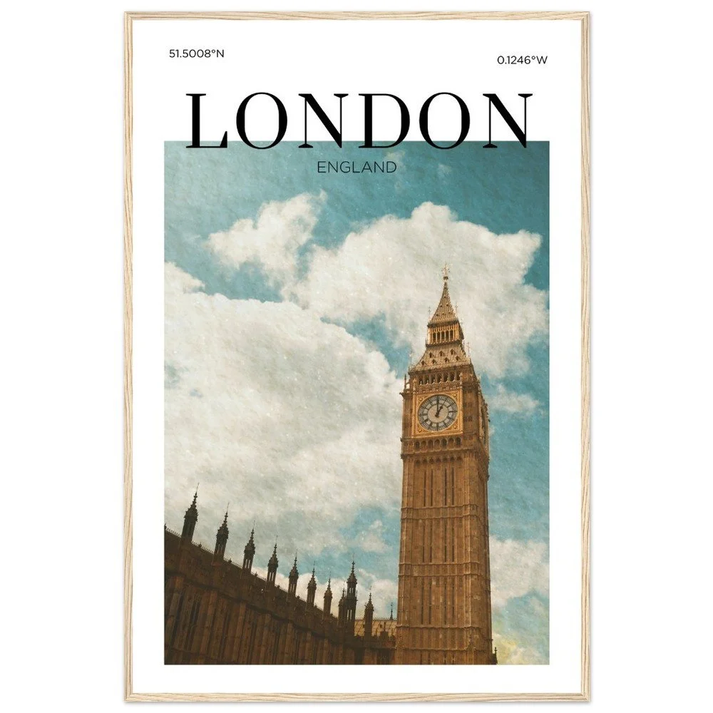 Vintage-style travel poster of Big Ben in London, England featuring the historic clock tower and Palace of Westminster beneath a cloud-filled sky.