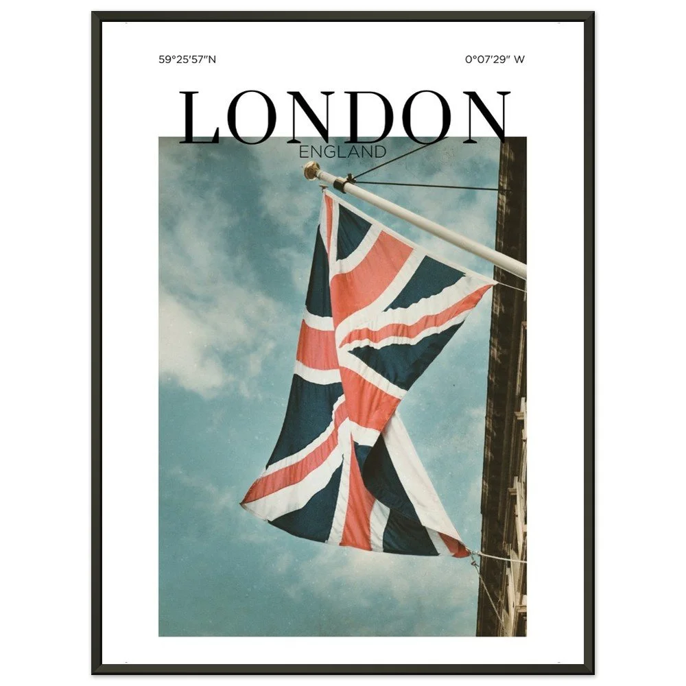 A fine art photograph of the Union Jack flag waving above a London street against a dramatic blue sky, capturing the timeless character and spirit of England.