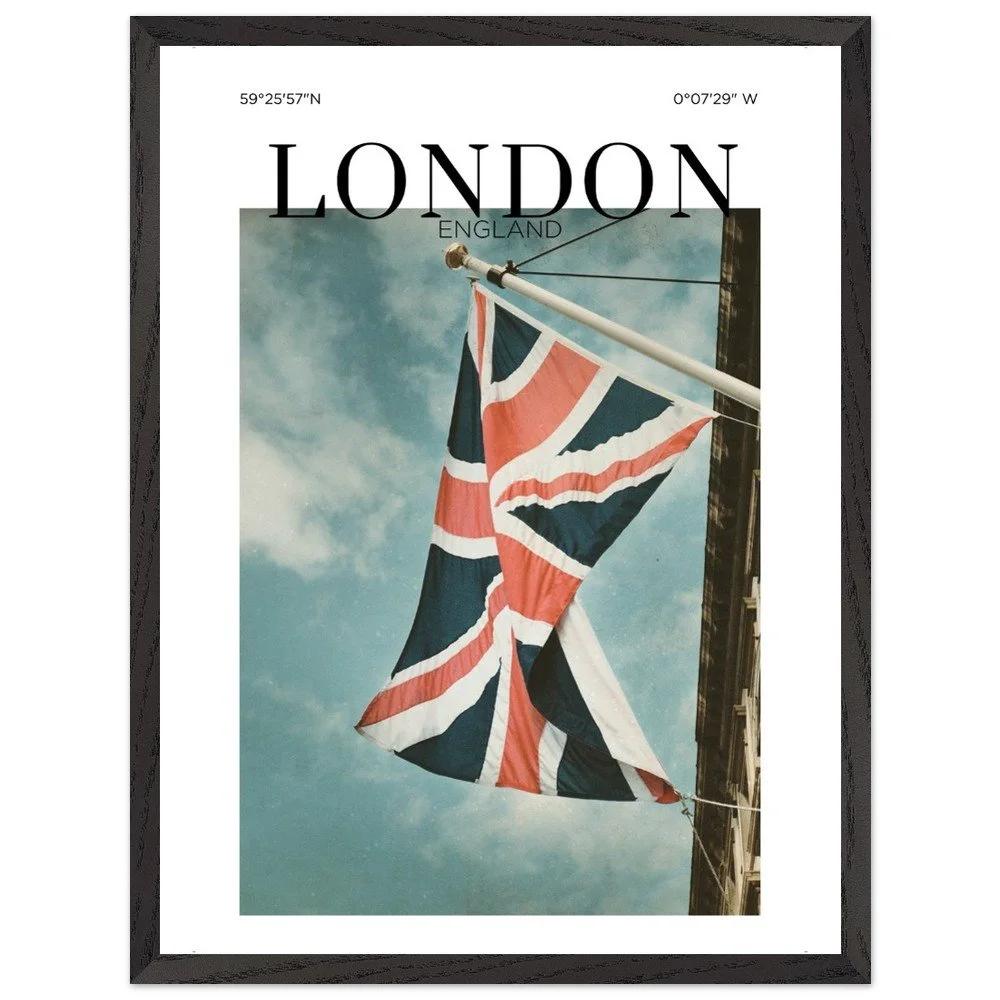 A fine art photograph of the Union Jack flag waving above a London street against a dramatic blue sky, capturing the timeless character and spirit of England.