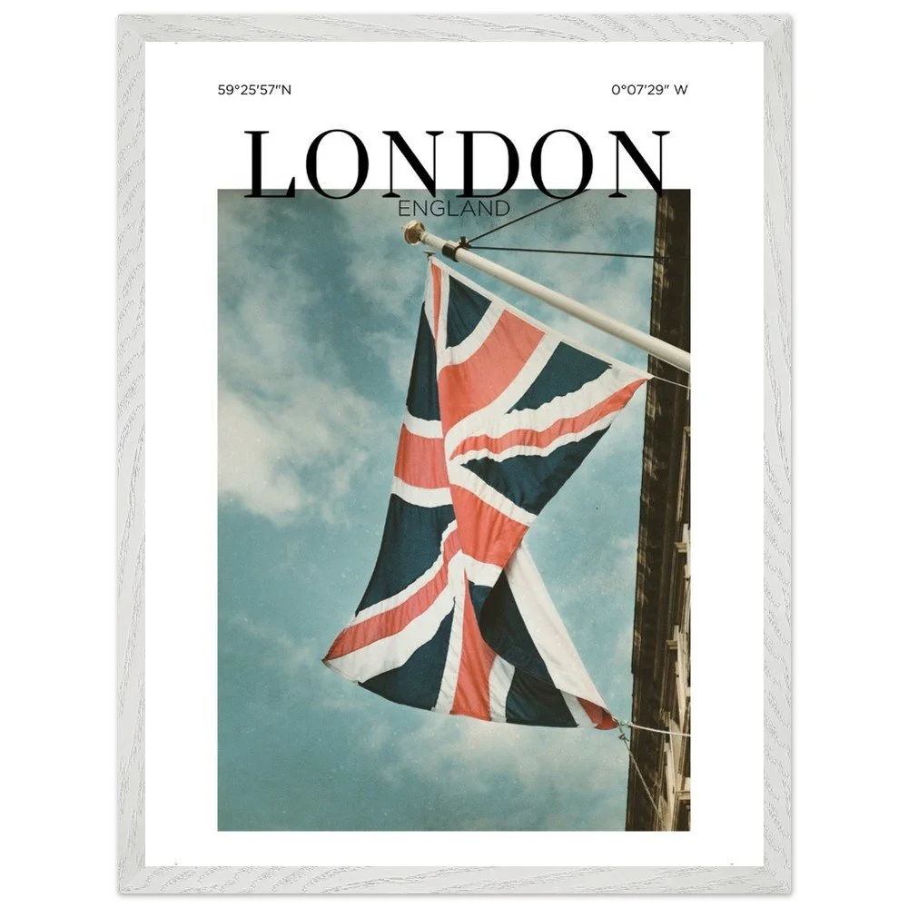 A fine art photograph of the Union Jack flag waving above a London street against a dramatic blue sky, capturing the timeless character and spirit of England.