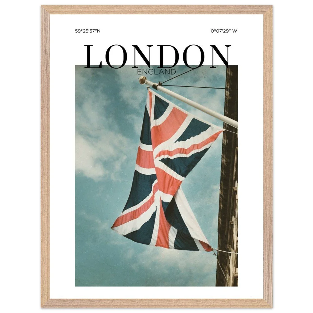 A fine art photograph of the Union Jack flag waving above a London street against a dramatic blue sky, capturing the timeless character and spirit of England.