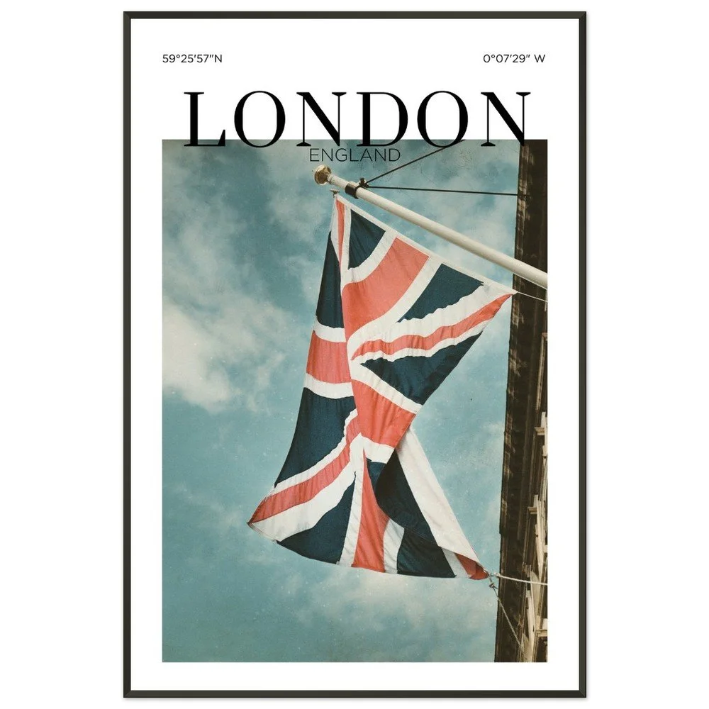 A fine art photograph of the Union Jack flag waving above a London street against a dramatic blue sky, capturing the timeless character and spirit of England.