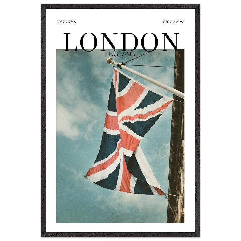 A fine art photograph of the Union Jack flag waving above a London street against a dramatic blue sky, capturing the timeless character and spirit of England.