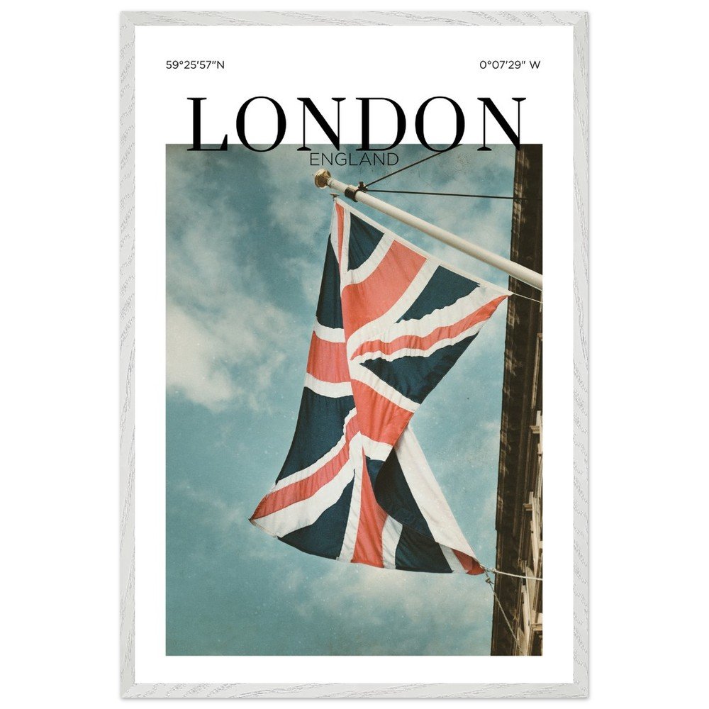 A fine art photograph of the Union Jack flag waving above a London street against a dramatic blue sky, capturing the timeless character and spirit of England.