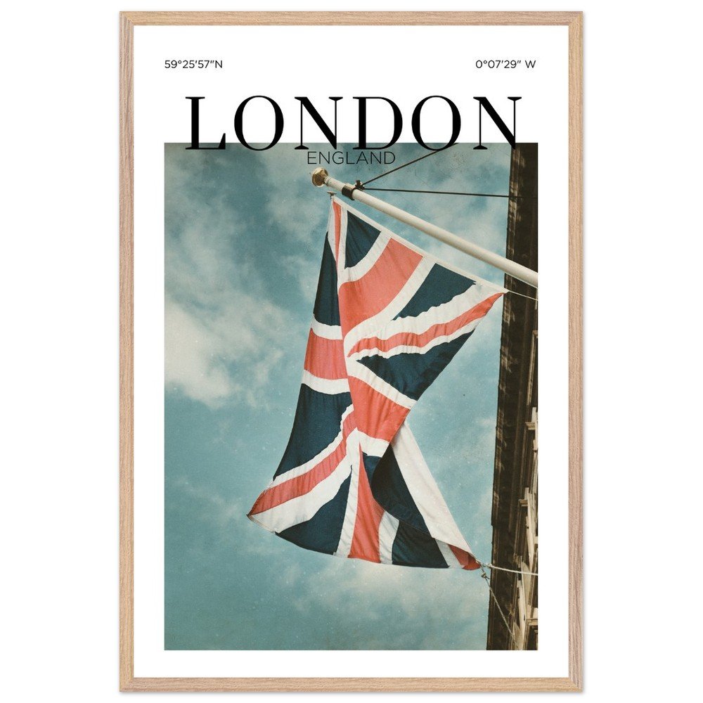 A fine art photograph of the Union Jack flag waving above a London street against a dramatic blue sky, capturing the timeless character and spirit of England.