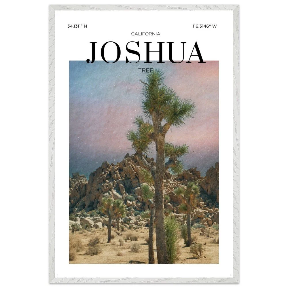 Vintage-style travel poster of Joshua Tree, California featuring iconic Joshua trees, desert landscape, rocky formations, and a colorful desert sky.