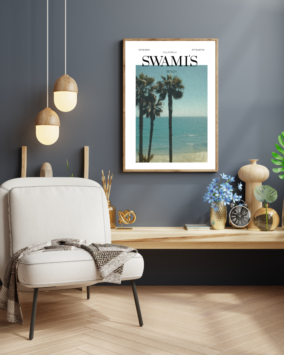Primary Alt Text  Vintage-style travel poster of Swami's Beach, California featuring tall palm trees overlooking the Pacific Ocean and a sunlit coastal shoreline.