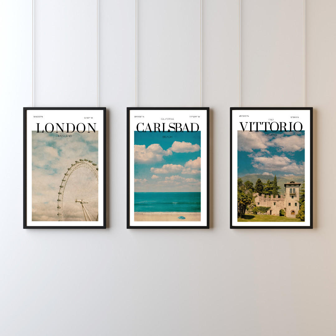 framed vintage posters framed on a wall, the Eye of London, Carlsbad beach, Castle in Vittorio Italy