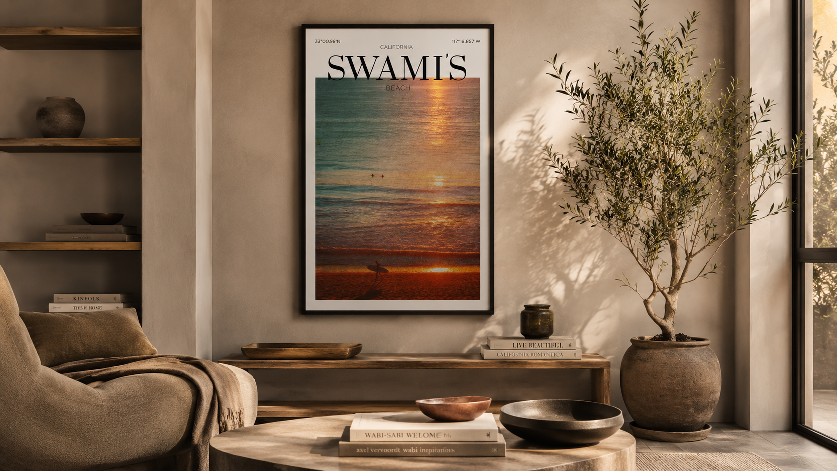 Contemporary living room with neutral decor showcasing a framed vintage-style Swami's Beach California travel print.