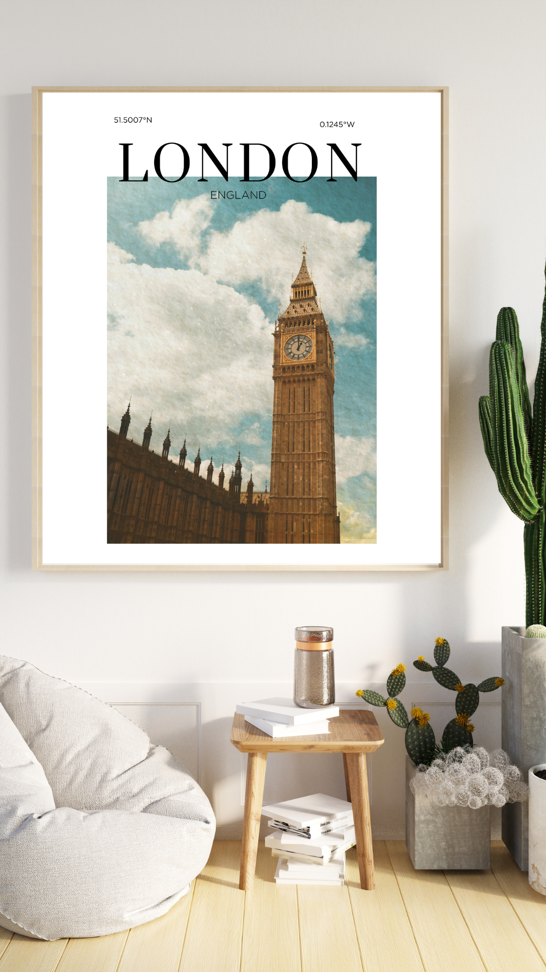 Vintage-style travel poster of Big Ben in London, England featuring the historic clock tower and Palace of Westminster beneath a cloud-filled sky.