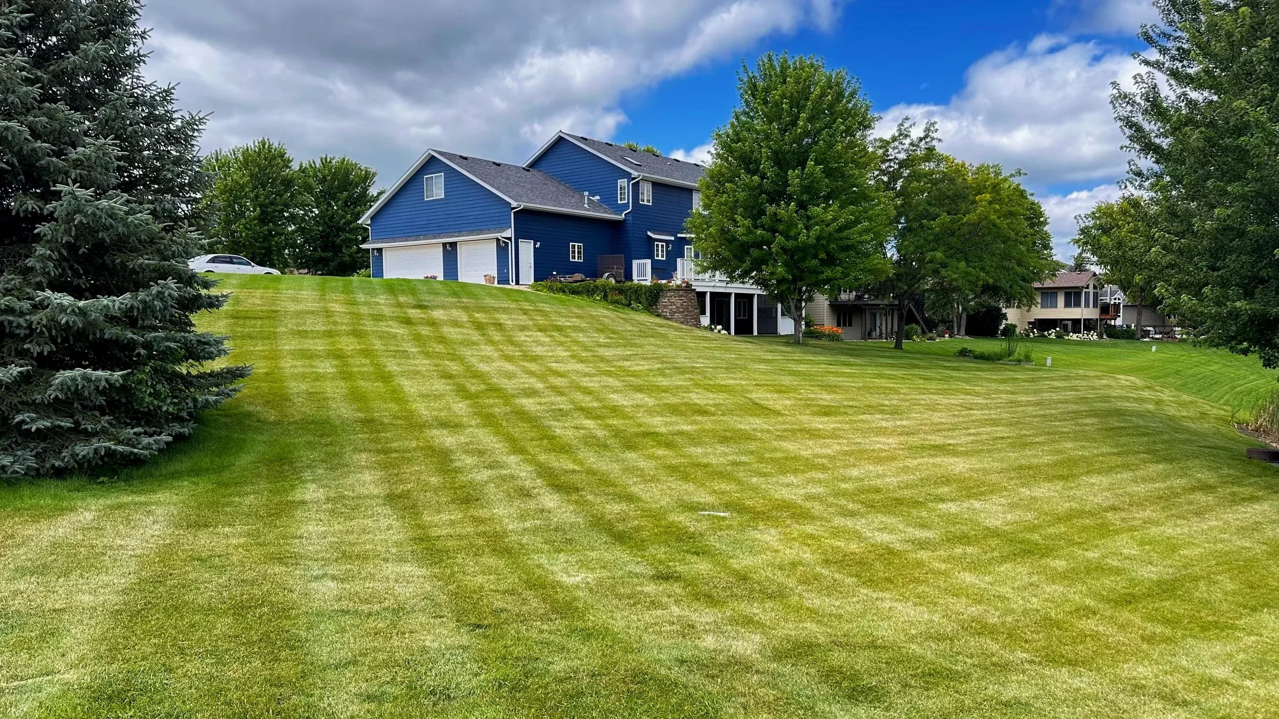 Well-maintained green lawn with striped grass, trees, and large blue house in the background under partly cloudy sky.