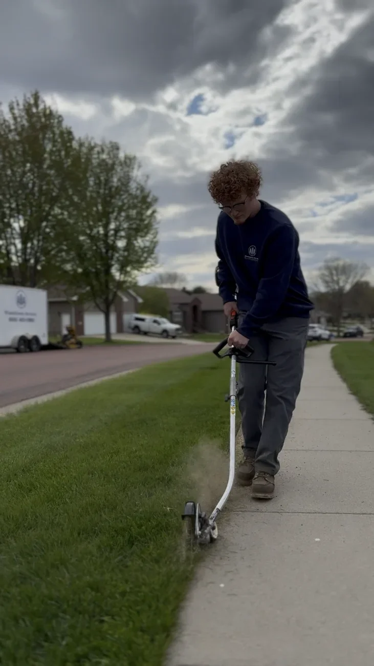 WinterGreen Services crew member in branded gear edging a sidewalk with a stick edger