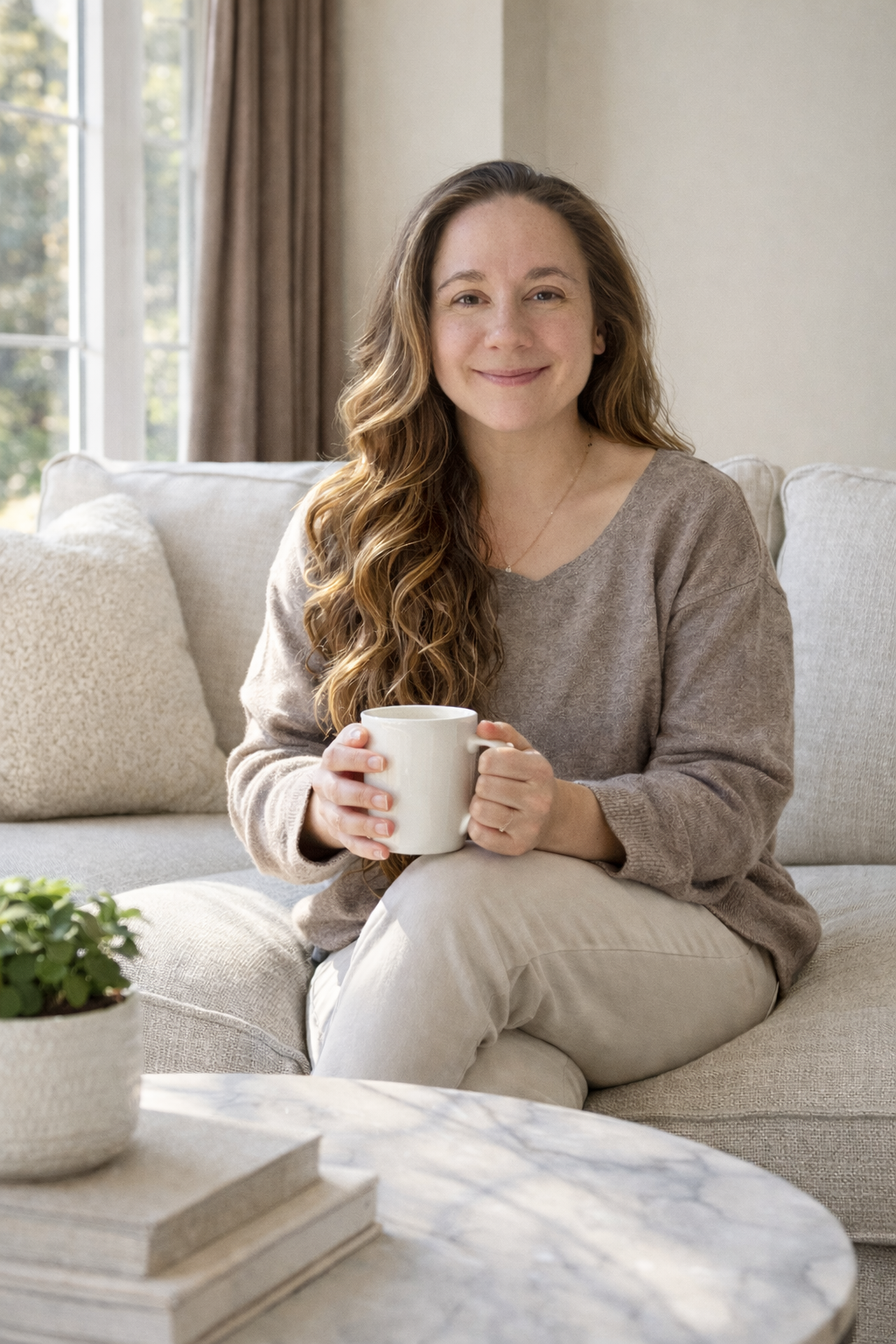 Woman with long wavy hair smiling, holding a white mug, sitting on a beige sofa in a cozy living room with sunlight streaming through a window.