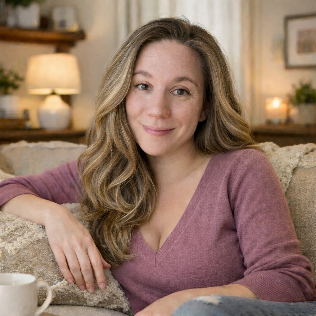 A woman with long, wavy blonde hair sitting comfortably on a beige couch in a cozy living room, smiling at the camera.