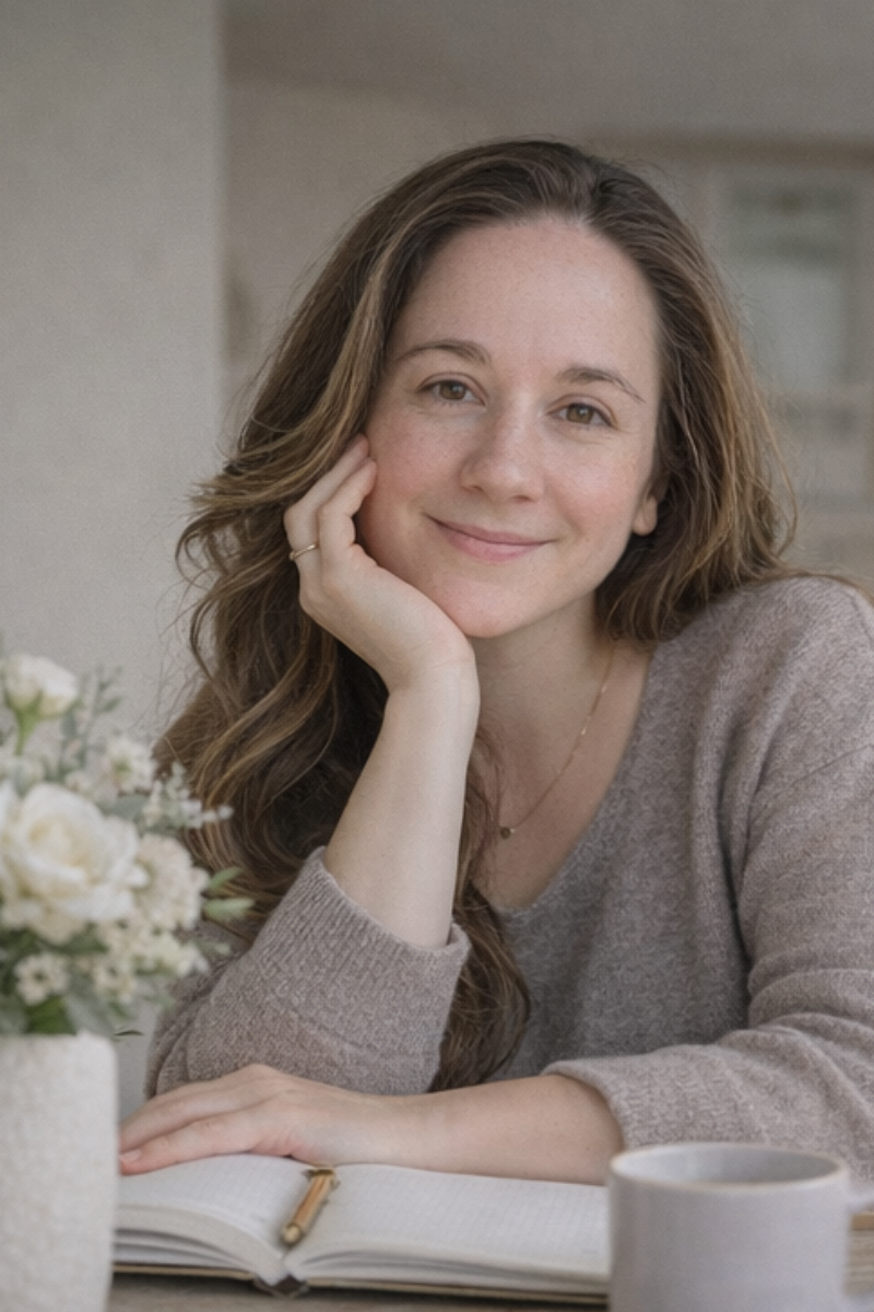 A woman with long, wavy brown hair smiling, resting her head on her hand, sitting at a table with a notebook, a pen, a cup, and a vase of white flowers.