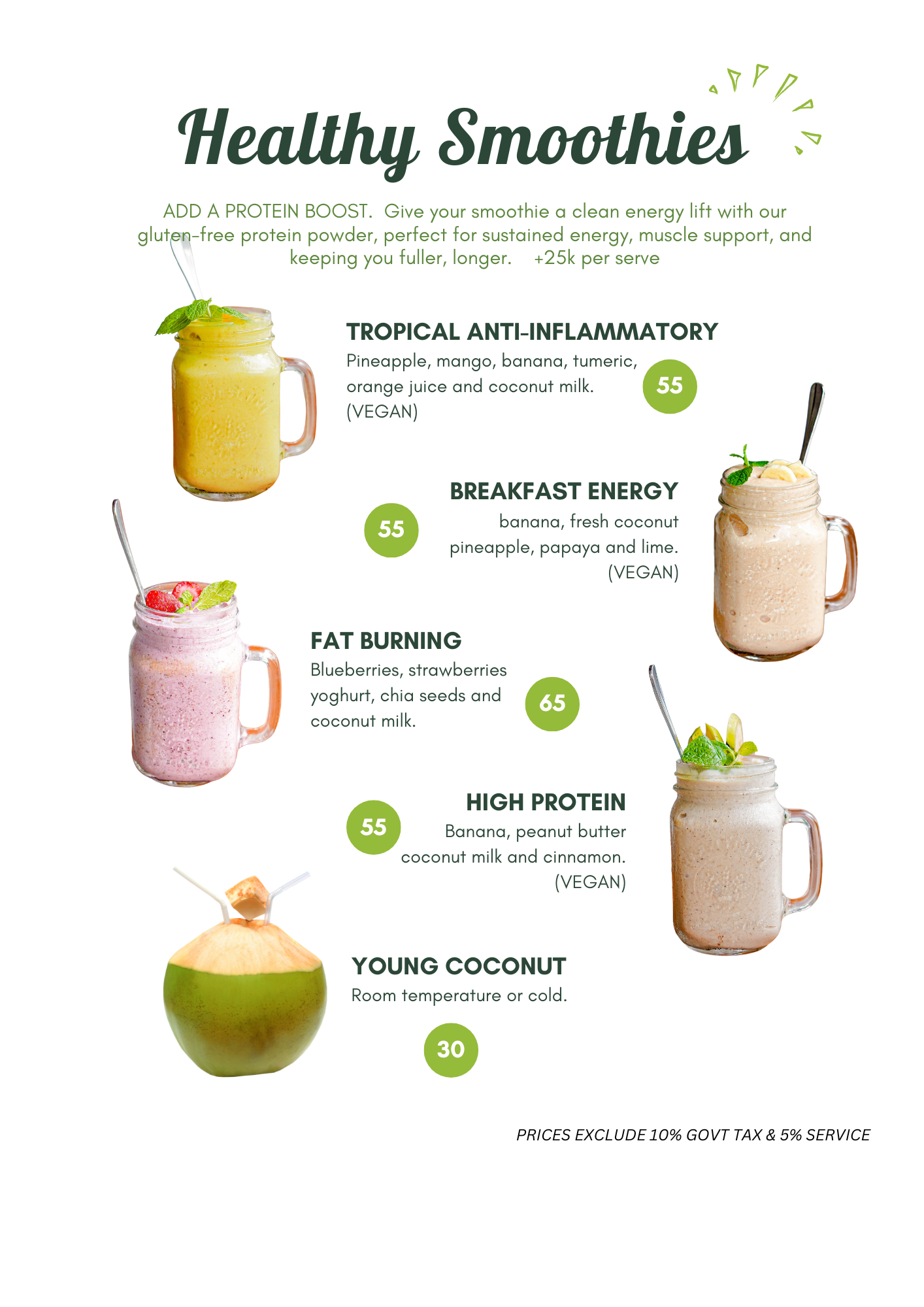 Unity Cafe Bali offers a range of healthy smoothies in Ubud including Tropical antiinflammatory, breakfast energy, high-protein and fat burning.