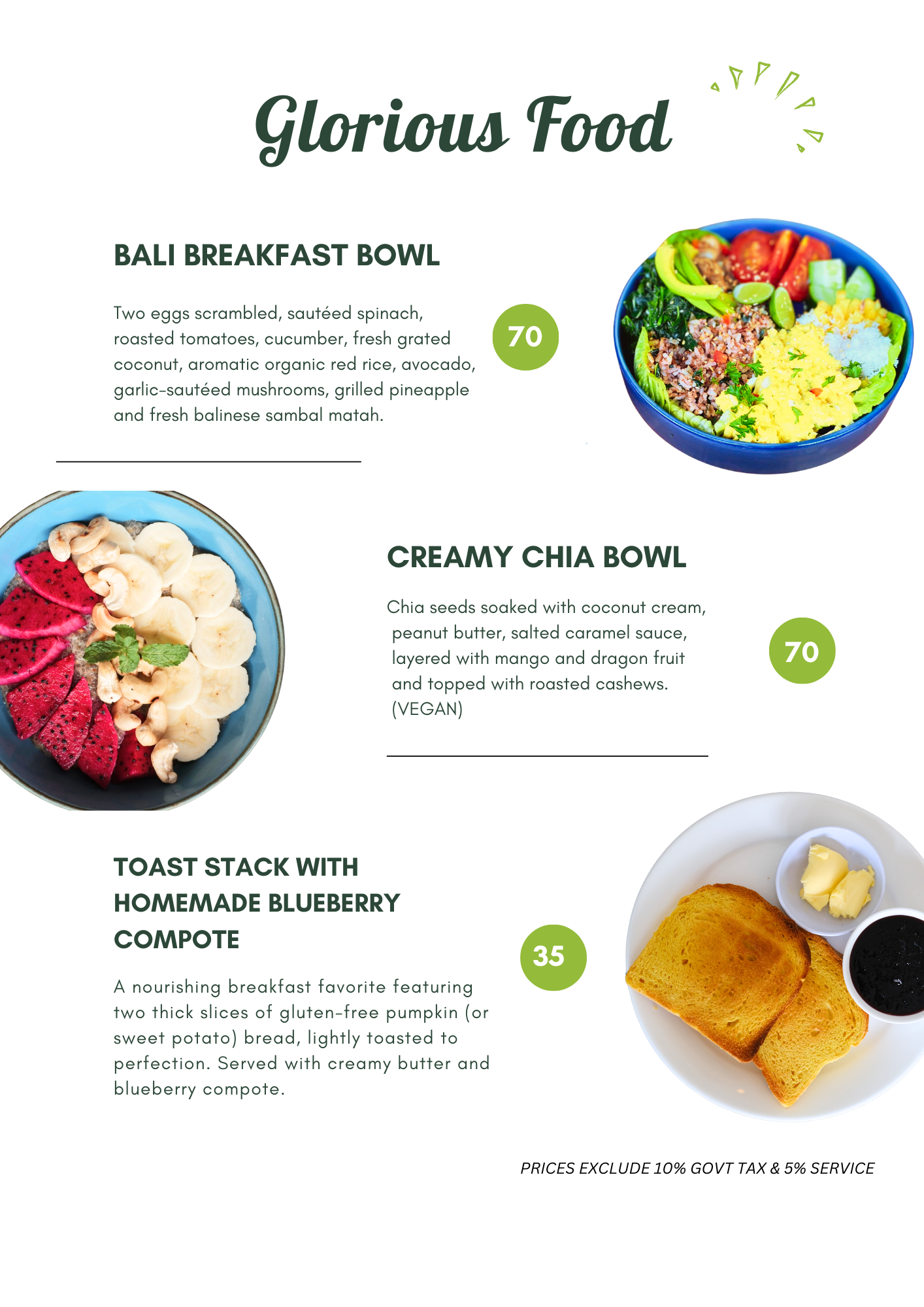 Unity Cafe Bali offers a range of healthy breakfasts including Bali Breakfast Bowl, a chia bowl, toast with blueberry compote.