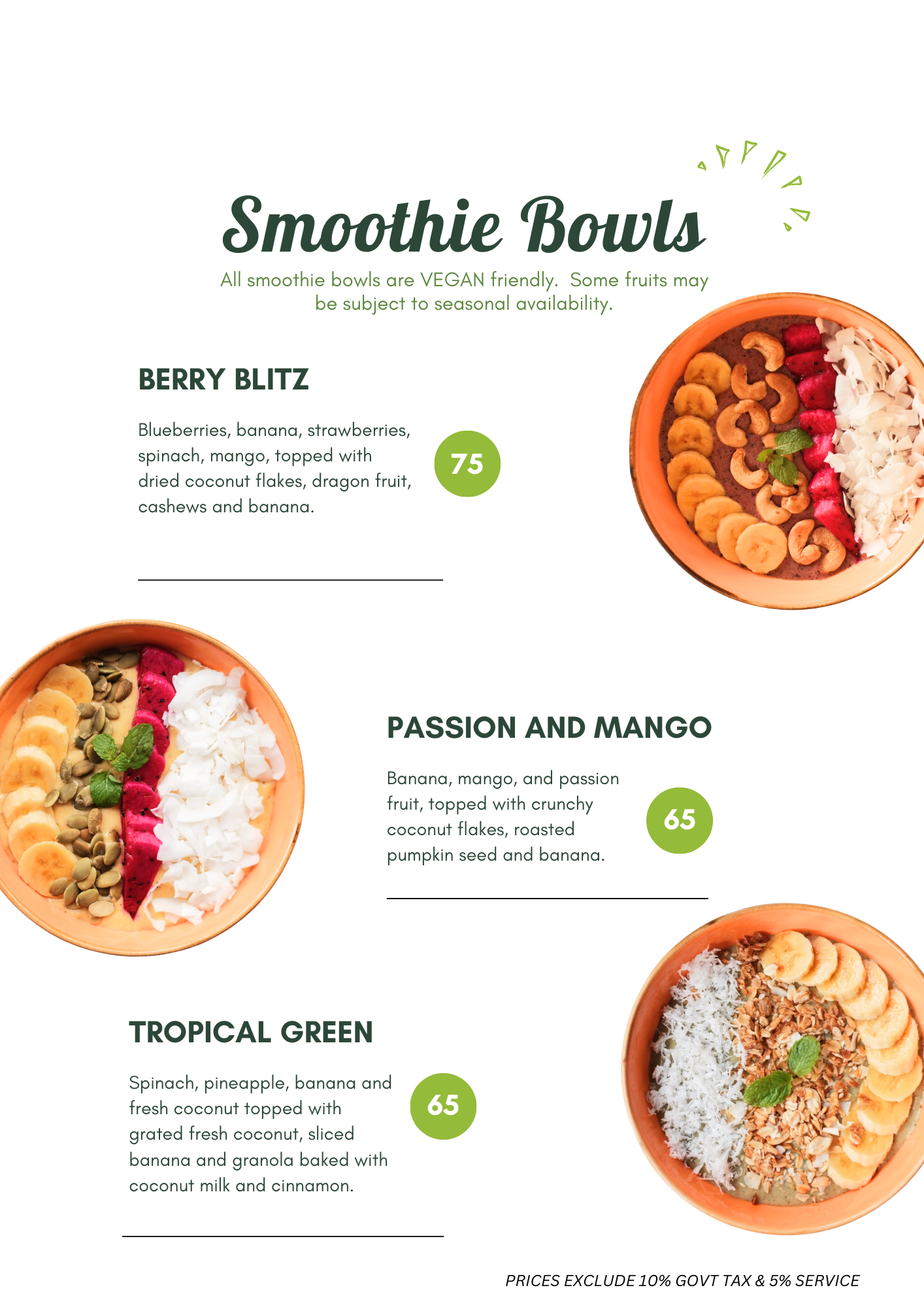 Menu displaying three smoothie bowls: Berry Blitz with blueberries, banana, strawberries, spinach, mango, topped with dried coconut flakes, dragon fruit, cashews, and banana; Passion and Mango with banana, mango, passion fruit, topped with coconut fl