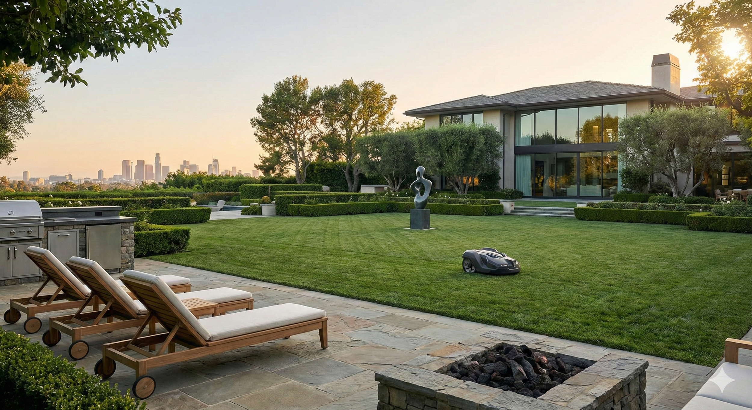 a large lawn with robotic lawnmower