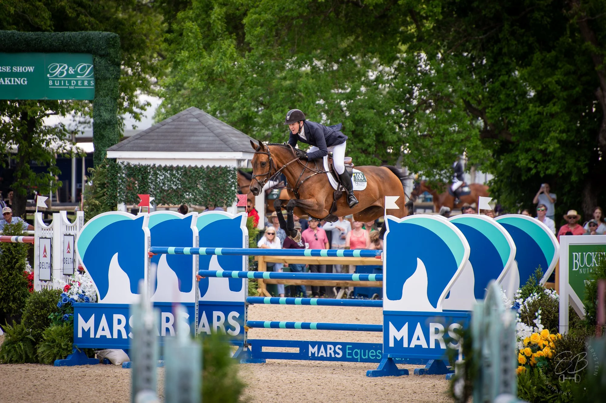 A rider and horse participating in an equestrian jumping competition, clearing a colorful obstacle with a crowd and trees in the background.