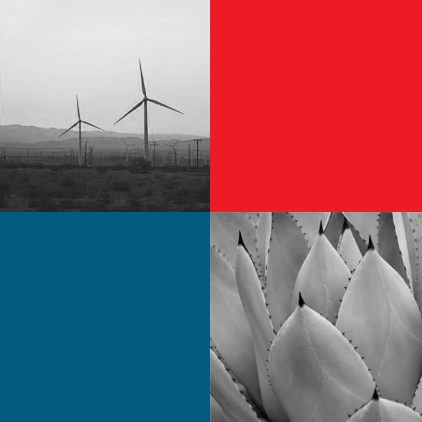 Foursquare image with black and white photo of windmills and mountains in upper left, red square in upper right, blue square in lower left, and black and white photo of spiny agave plant leaves in lower right