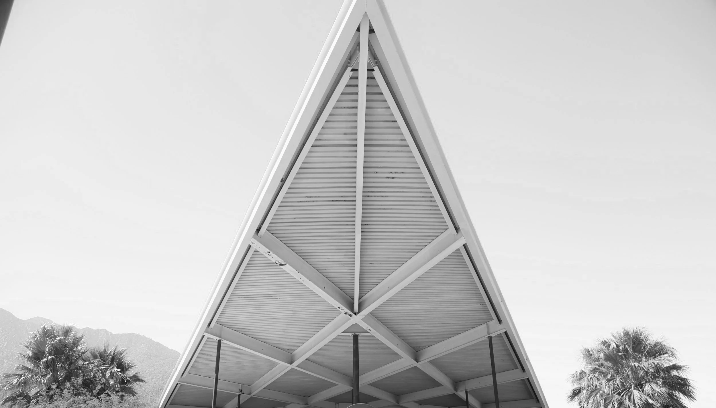 Black and white photo of architectural roof detail of the Palm Springs Aerial Tramway