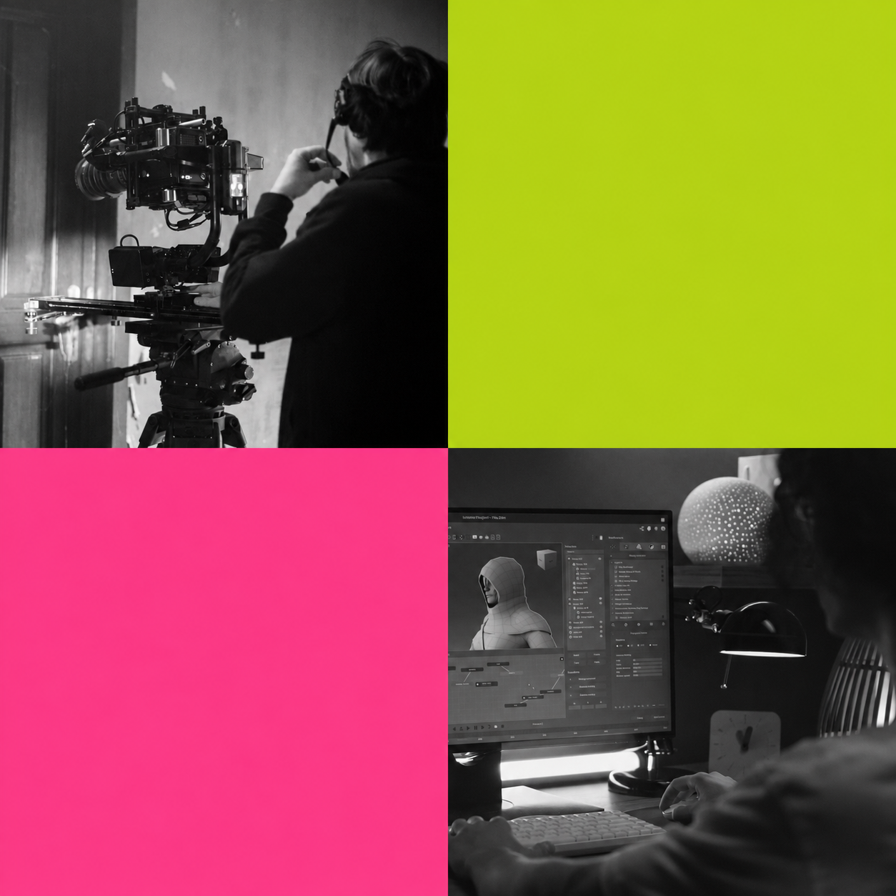 Four Square image, with man operating digital movie camera in upper left and CG animator sitting at work station on lower right.  Neon pink square in lower left and neon green square in upper right.