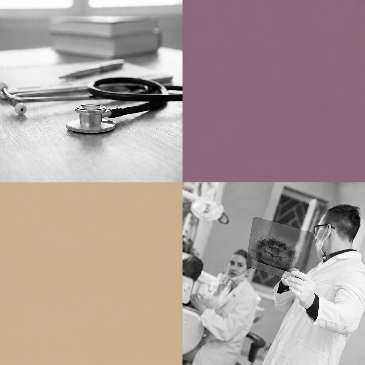 Four Square image, with stethoscope on table in upper left and dentist examining patient in lower right.  Beige square in lower left and maroon square in upper right.