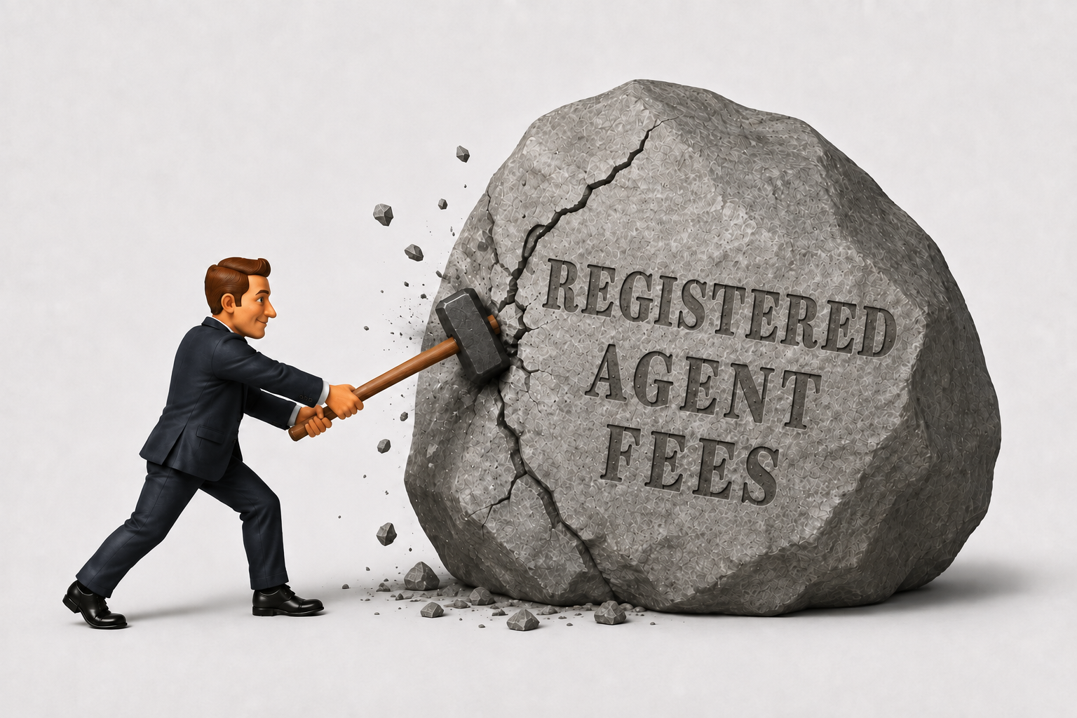 Cartoon man using a sledgehammer to destoy a rock marked 'Registered Agent Fees' on the side.