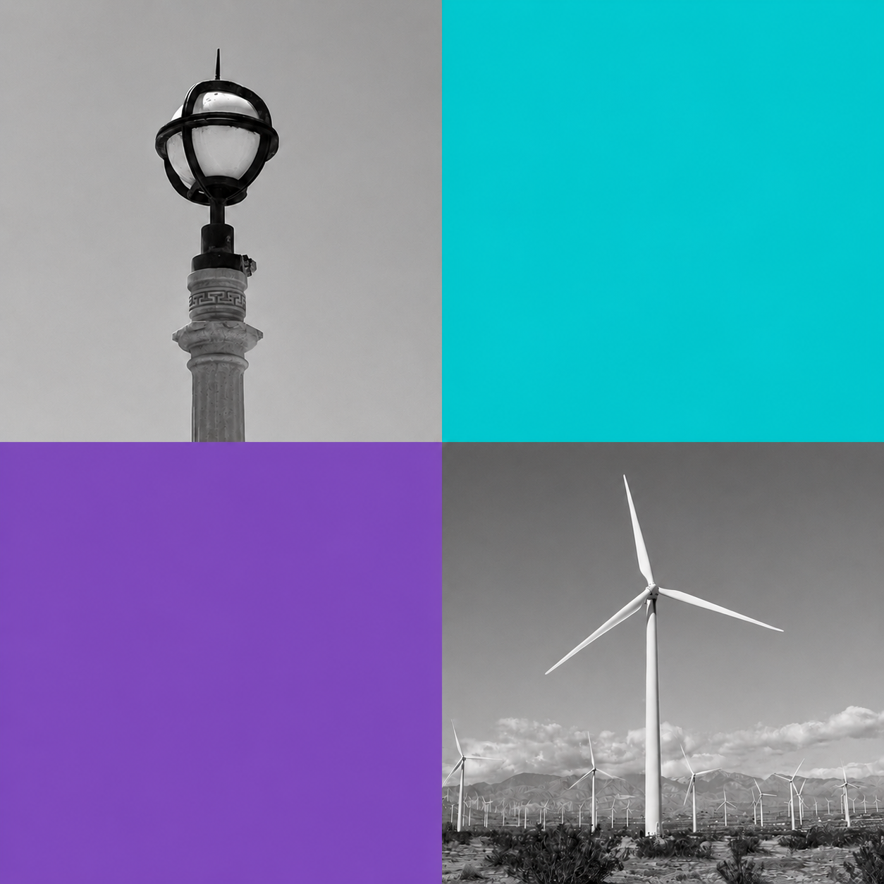 Four Square image, with Manhattan Beach Pier light detail in upper left and Palm Springs windmills on lower right.  Purple square in lower left and blue square in upper right.
