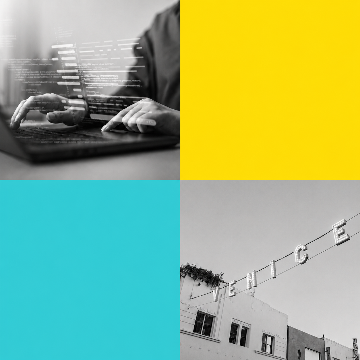 Four Square image, with person typing at laptop in upper left and Venice neighborhood sign in lights in lower right.  Blue square in lower left and yellow square in upper right.