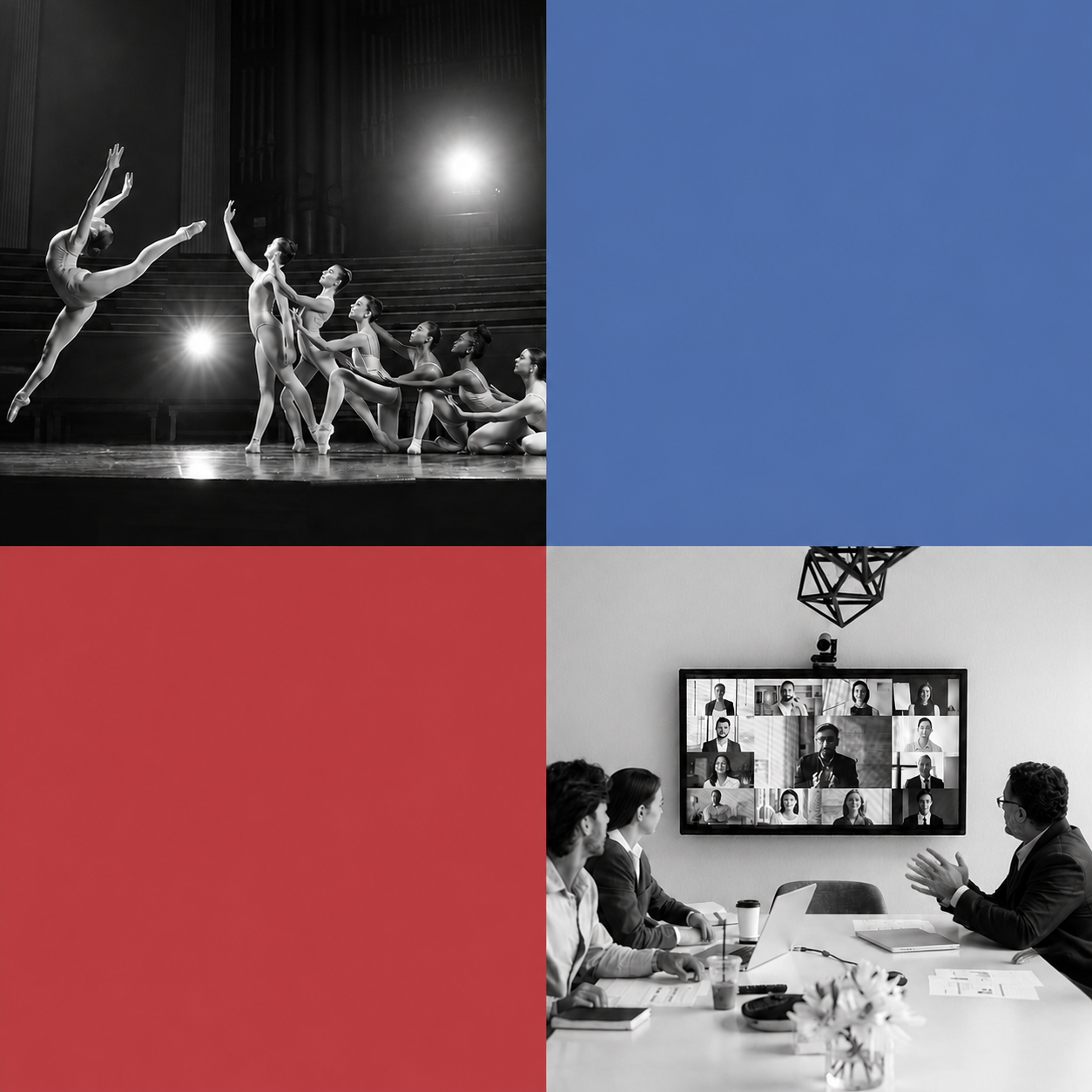 Four square image, with ballet troup behind ballet dance leaping in upper left and nonprofit board members sitting around table in lower right.  Red color square in lower left and blue color square in upper right.