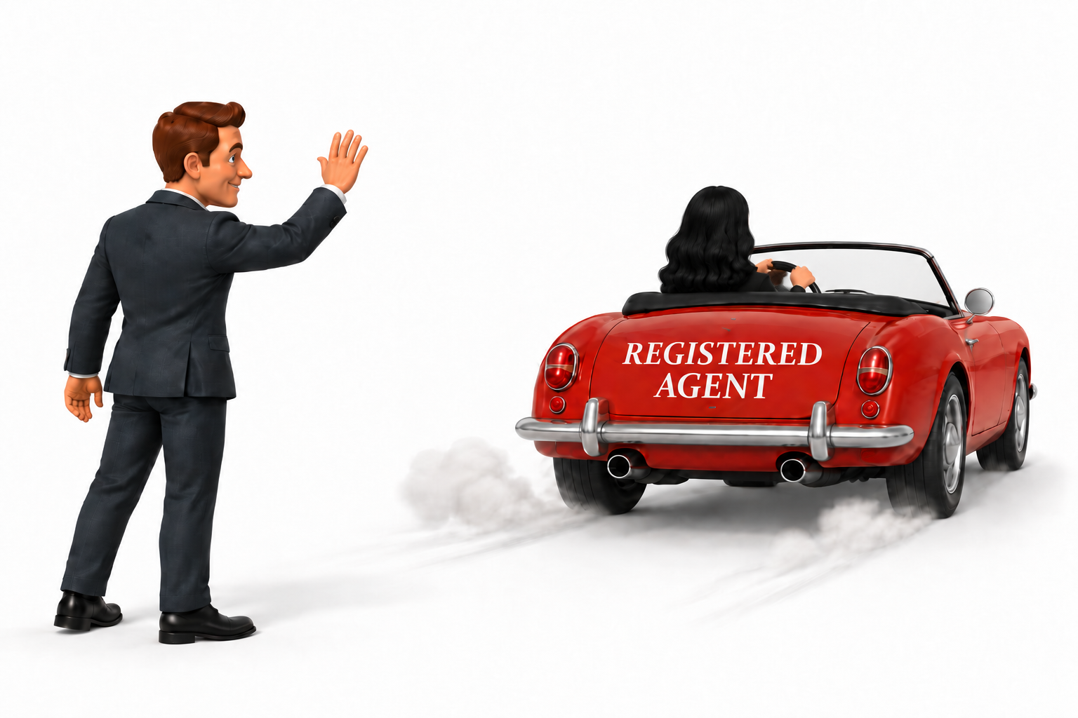 Image of a man in a suit waiving goodbye to a woman driving a red car with the words "Registered Agent" on the trunk.