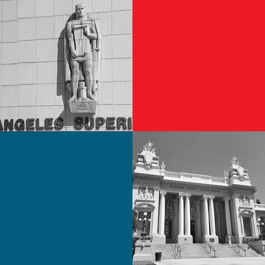 Four Square image, with detail of statute from Los Angeles Superior Courthouse in upper left and Riverside Courthouse on lower right.  Blue square in lower left and red square in upper right.
