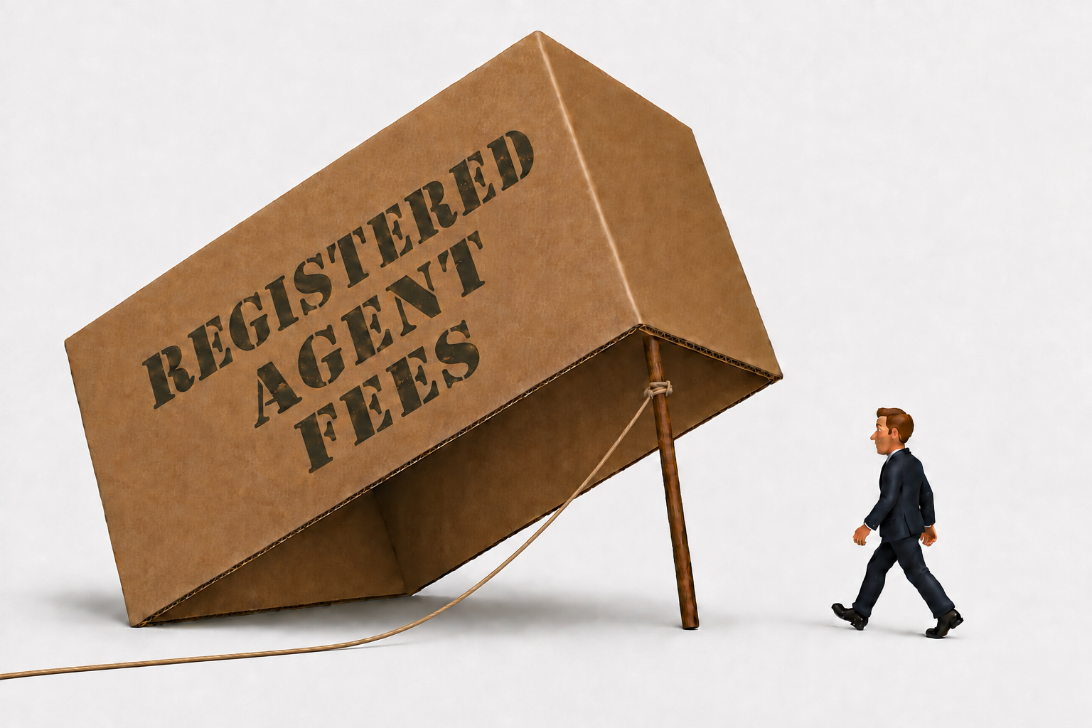 Cartoon man walking into a box trap marked 'Registered Agent Fees' on the side.