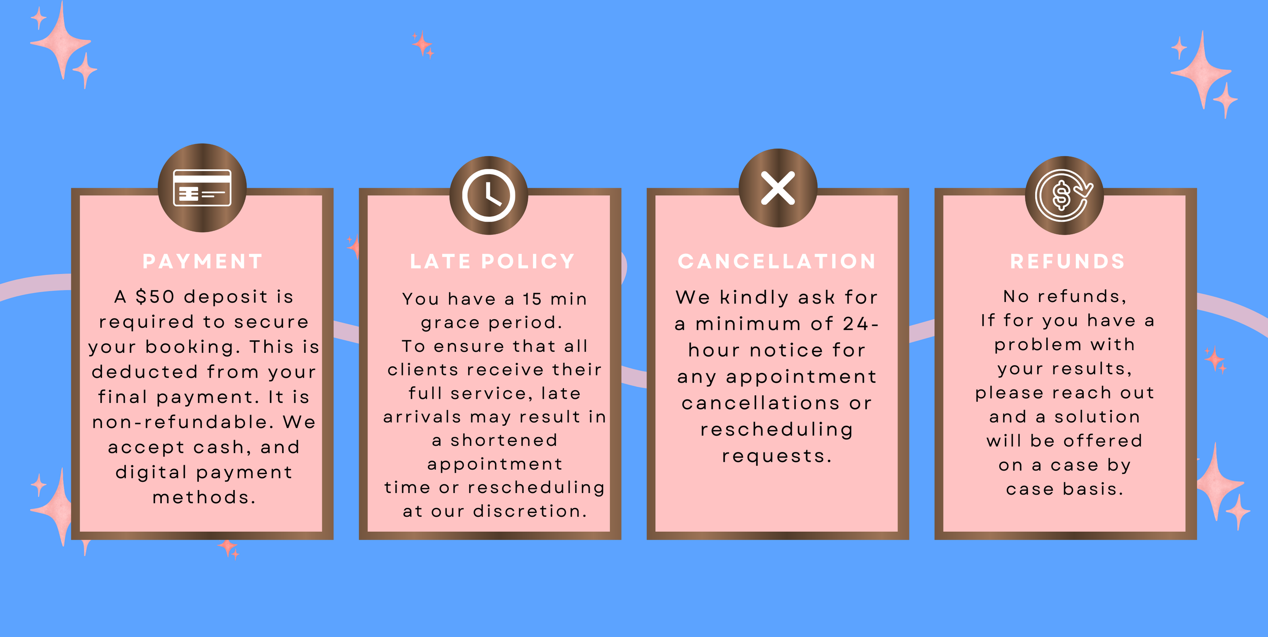 Information about payment policies, late policy, cancellation, and refunds on a pink and blue background with stars.