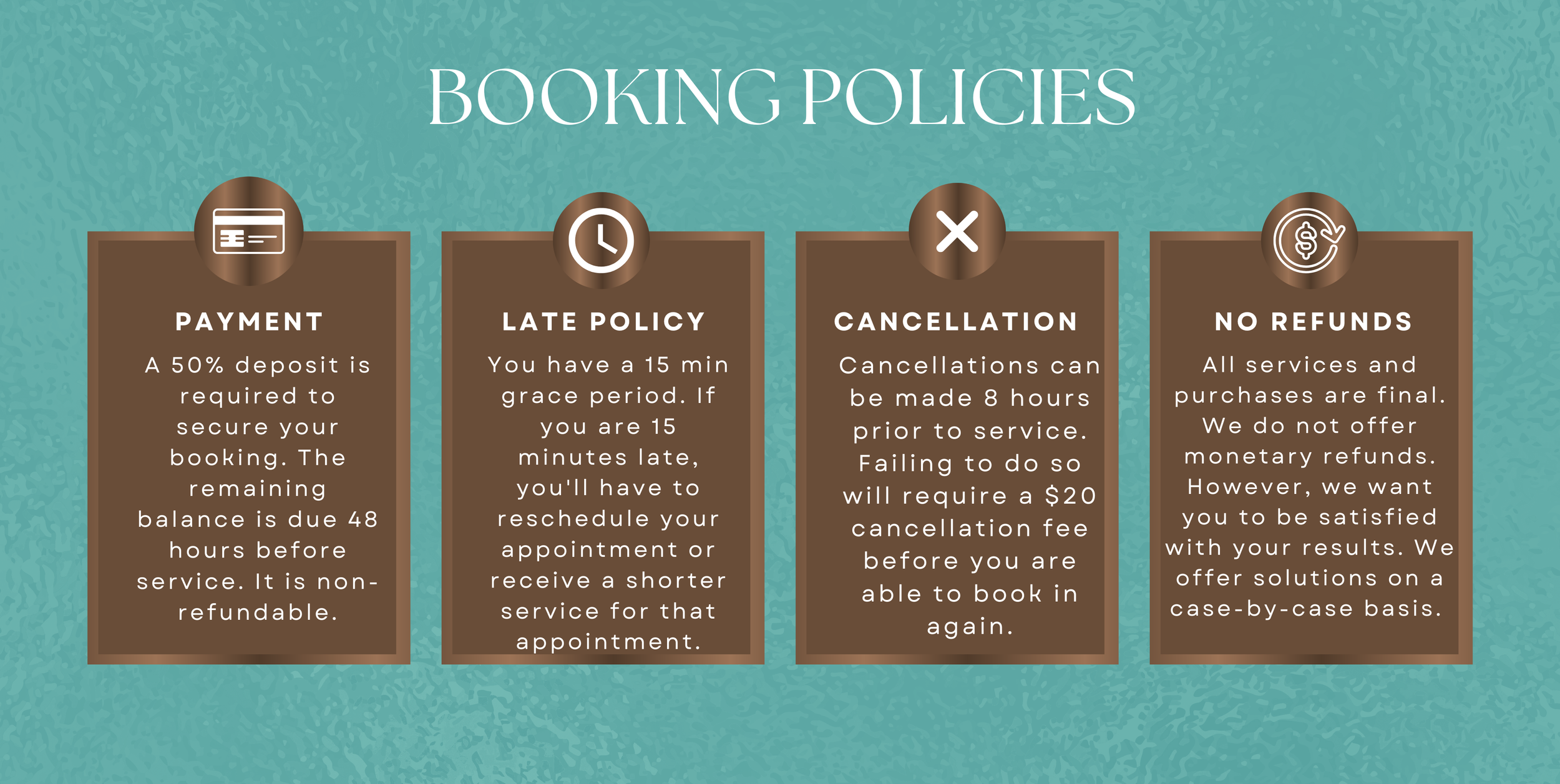 Sign with text titled 'Booking Policies' in a teal background, including four sections: Payment, Late Policy, Cancellation, and No Refunds, each with icons and detailed descriptions.