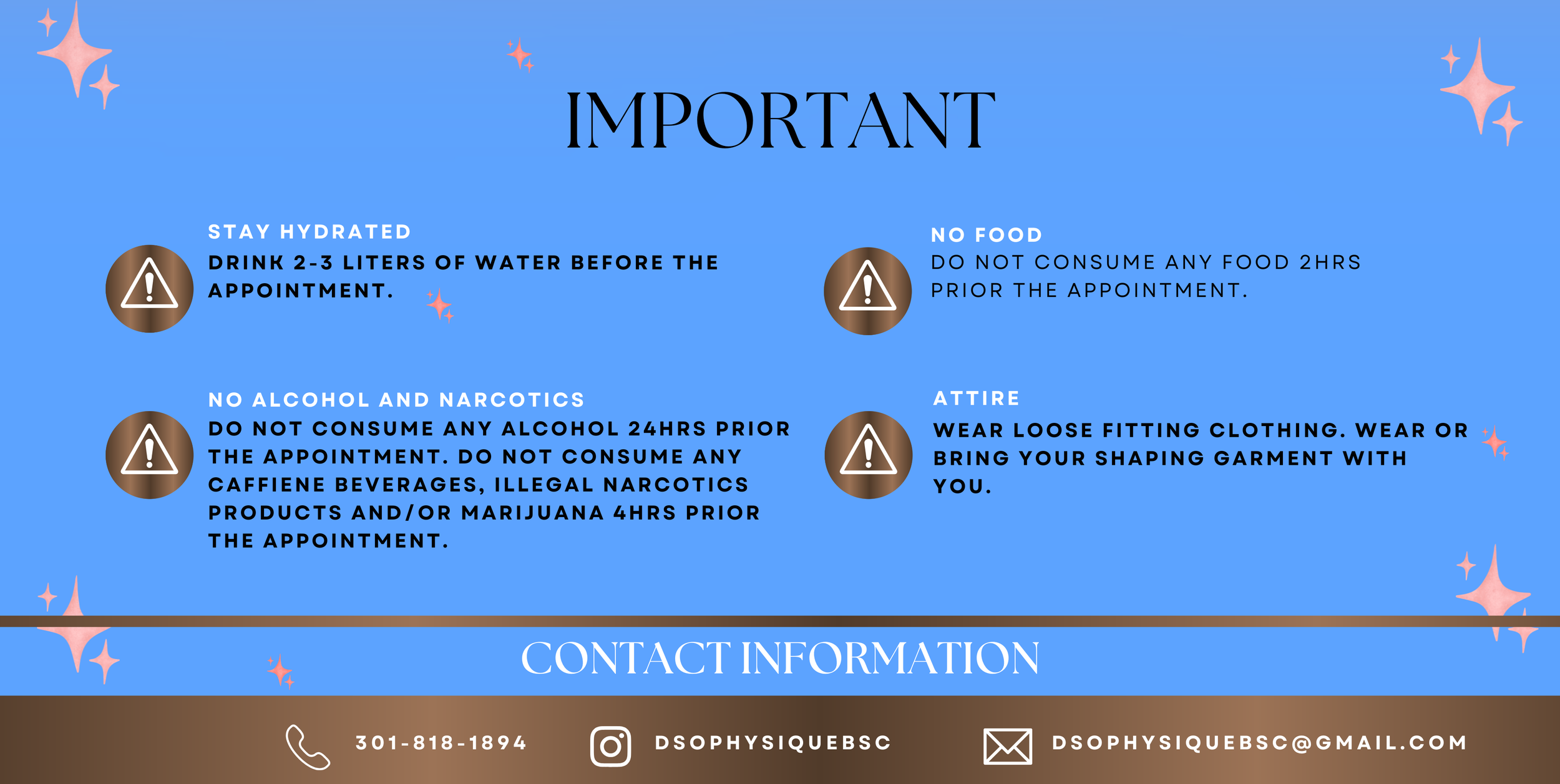 Blue informational poster with pink star-like accents, containing health and safety guidelines, and contact information, including phone number and email.