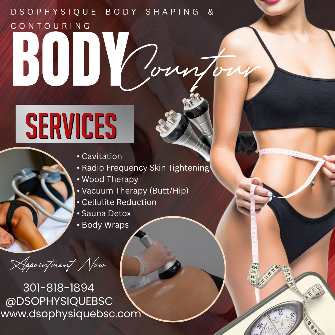 Poster advertising body shaping and contouring services with images of body therapy equipment, a woman measuring her waist, and a person receiving therapy.