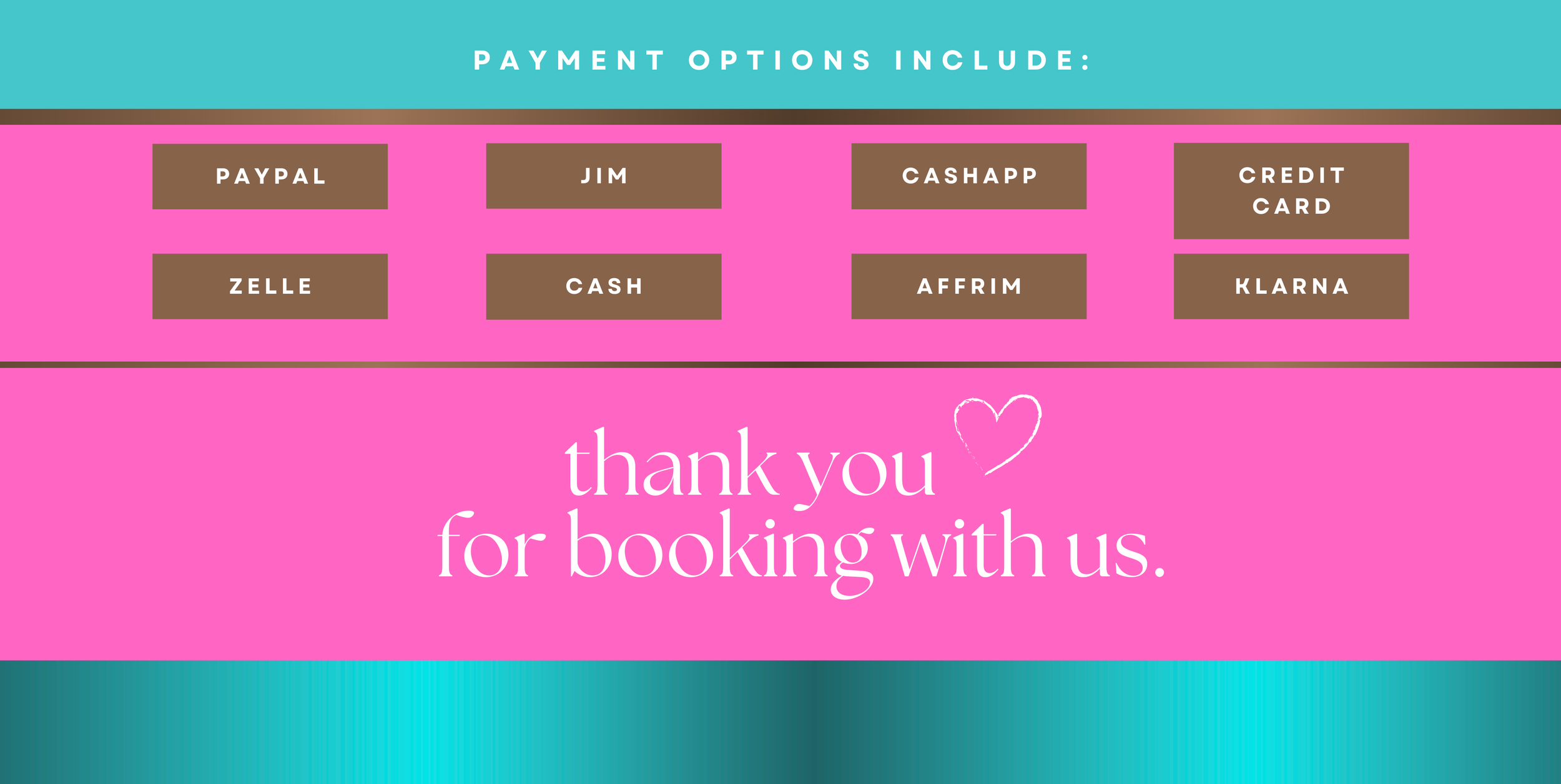 A colorful graphic thank you message with a pink background, pink text, and a white heart, thanking customers for booking.